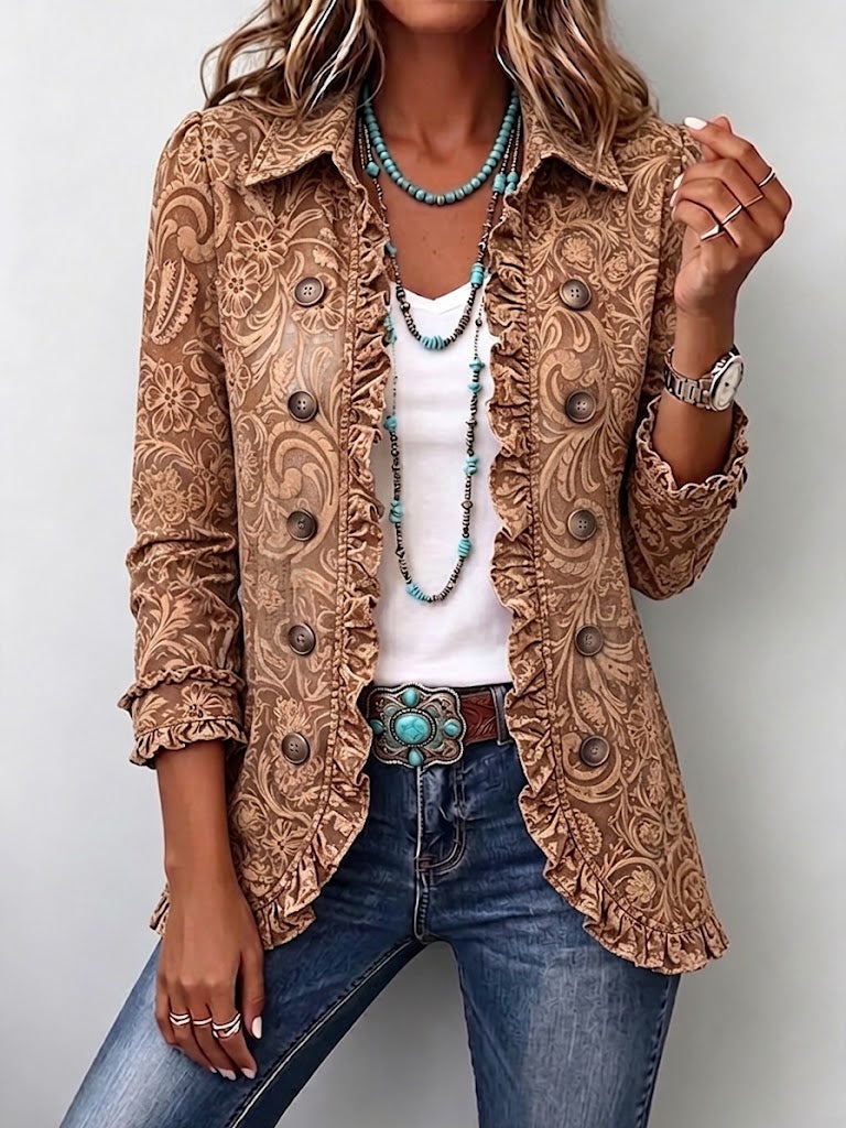 Noemi | Chaqueta Bohemia Floral Vintage Marrón con Volantes | Blanca Vela