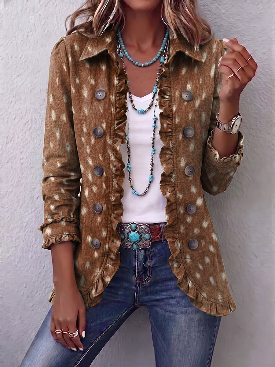 Elena | Chaqueta Bohemia Animal Print Marrón con Volantes | Blanca Vela
