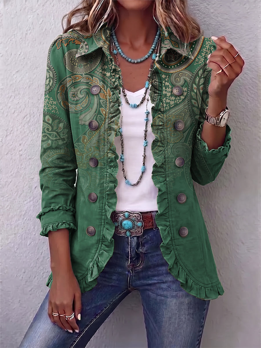 Costanza | Chaqueta Bohemia Paisley Verde con Volantes | Blanca Vela