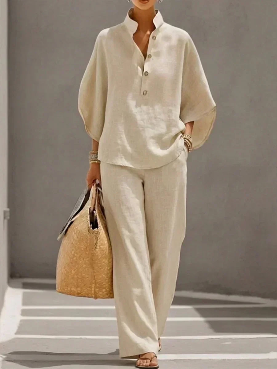 BEATRIZ | Conjunto de lino con manga murciélago | Blanca Vela