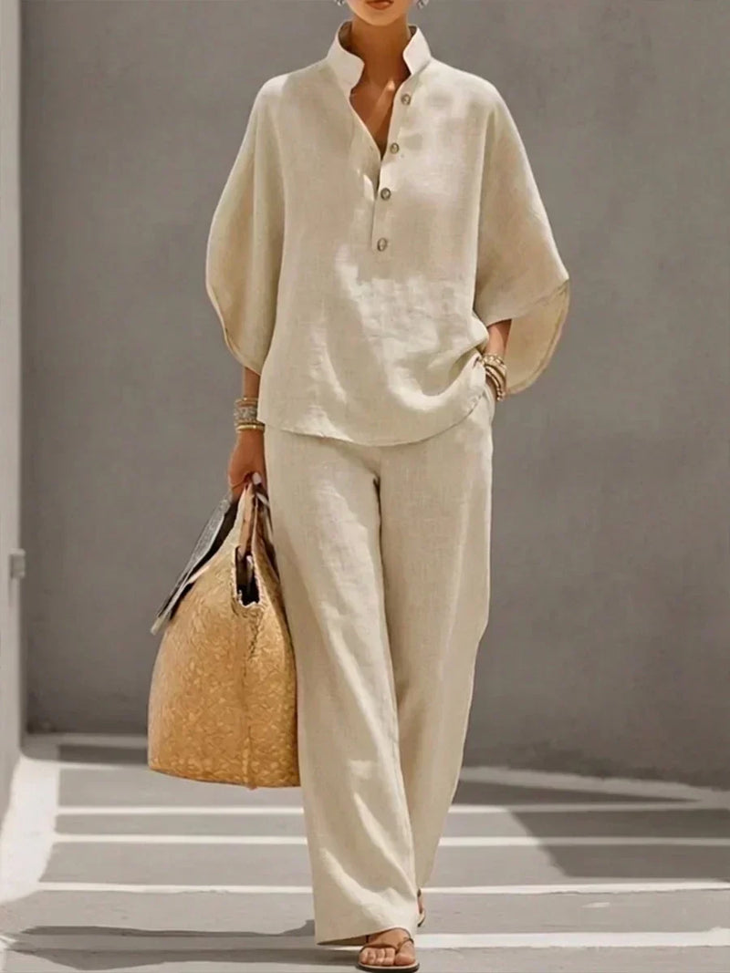 BEATRIZ | Conjunto de lino con manga murciélago | Blanca Vela