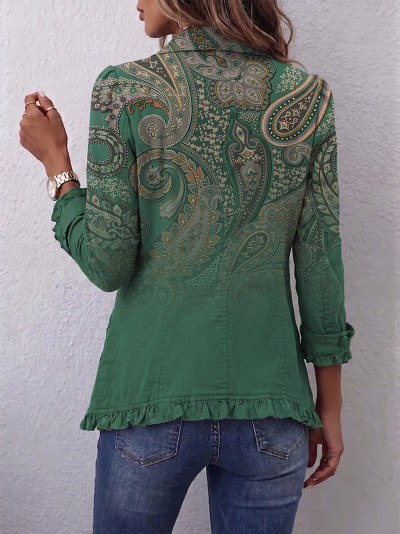 Costanza | Chaqueta Bohemia Paisley Verde con Volantes | Blanca Vela