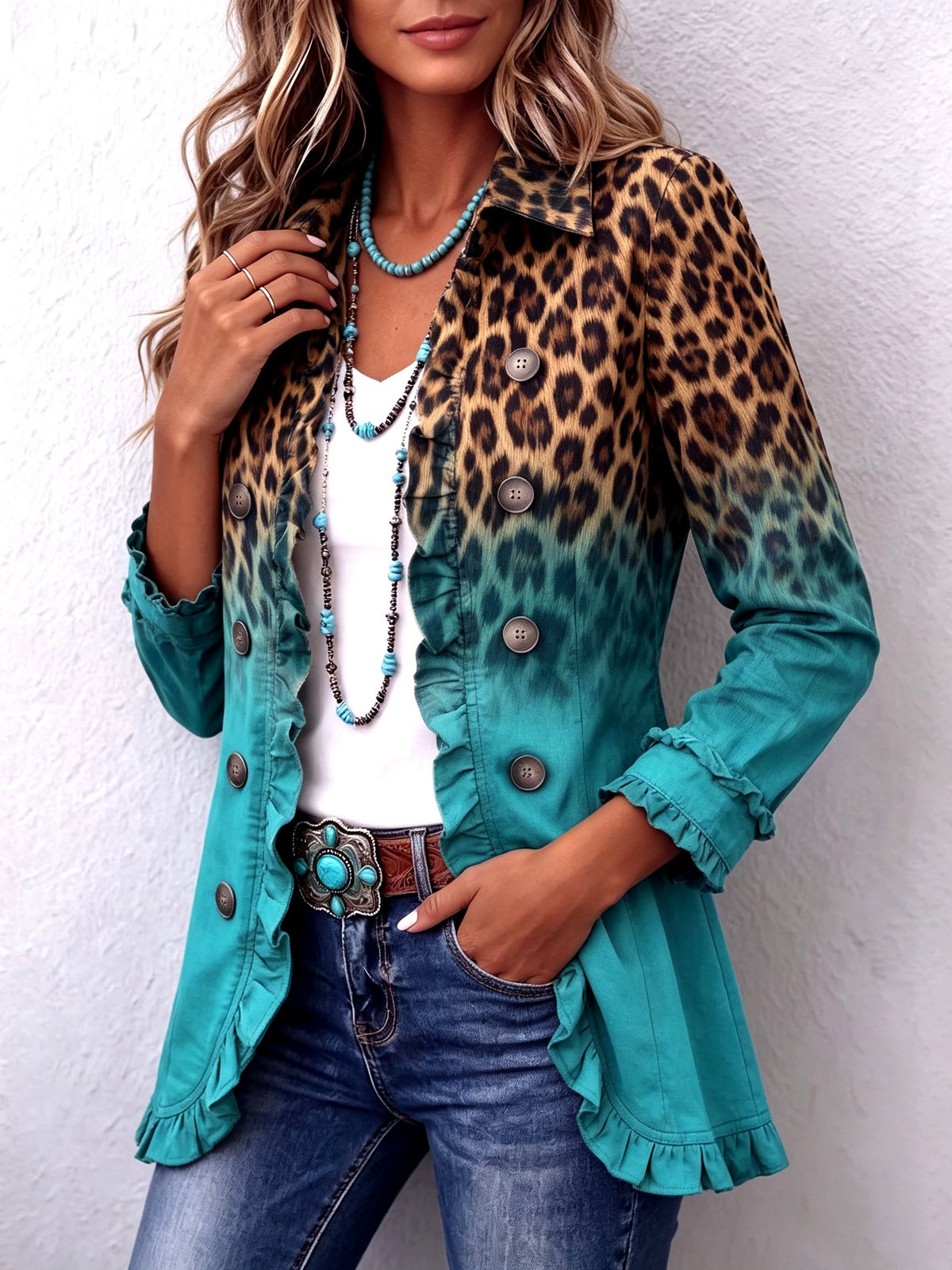 Bice | Blazer de Leopardo Degradado Turquesa | Blanca Vela