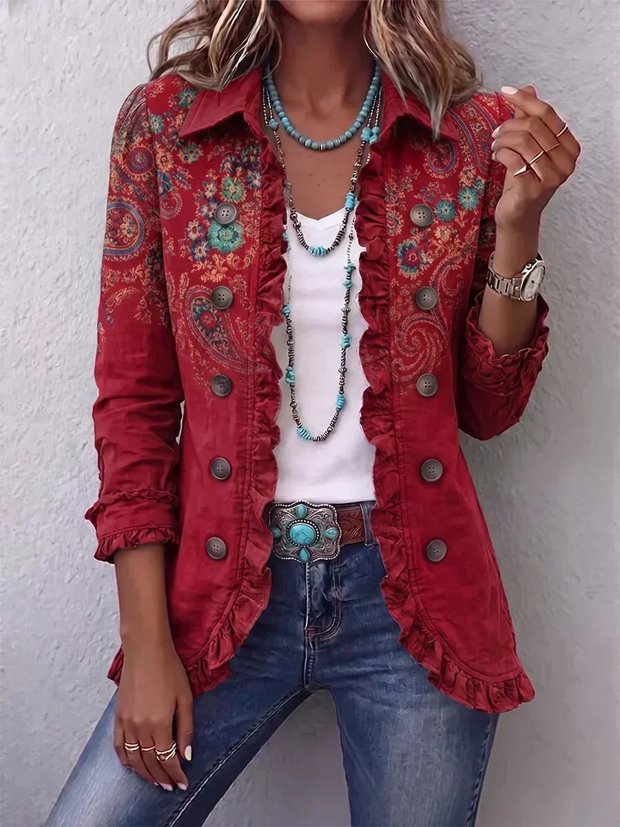 Carlotta | Chaqueta Bohemia Paisley Roja con Volantes | Blanca Vela