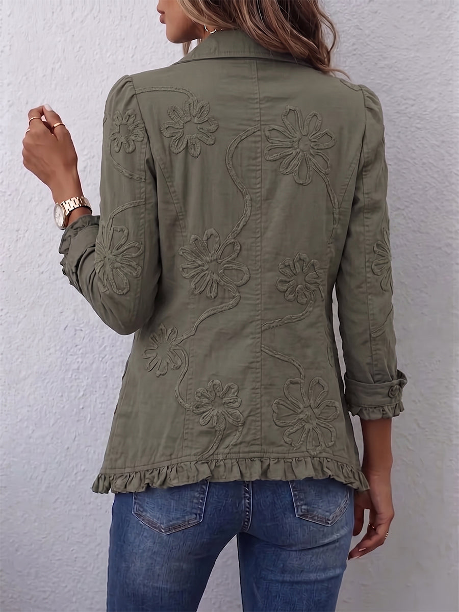 Alessandra | Chaqueta Bohemia-Chic Bordada con Flores Retro Verdes con Volantes | Blanca Vela