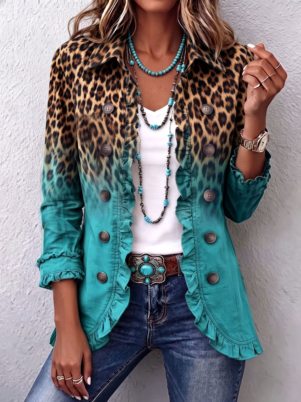 Bice | Blazer de Leopardo Degradado Turquesa | Blanca Vela