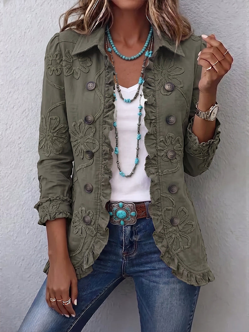 Alessandra | Chaqueta Bohemia-Chic Bordada con Flores Retro Verdes con Volantes | Blanca Vela