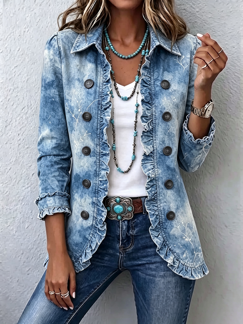 Ginevra | Chaqueta Bohemia Botánica Vintage Degradada Azul con Volantes | Blanca Vela