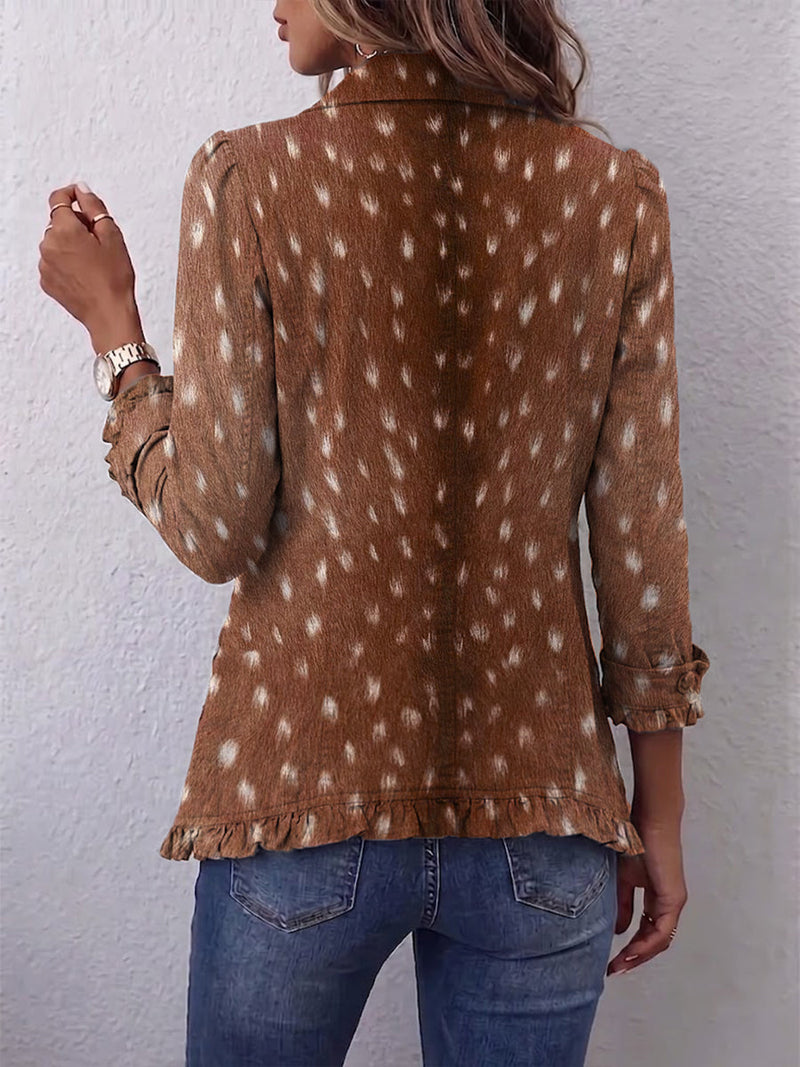 Elena | Chaqueta Bohemia Animal Print Marrón con Volantes | Blanca Vela