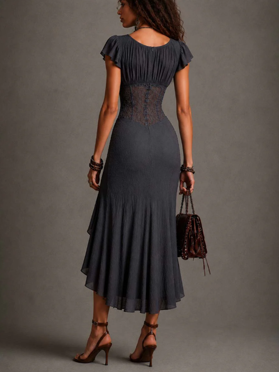 Carmen | Vestido Midi de Encaje y Chifón con Escote en V, Gris Antracita | Blanca Vela