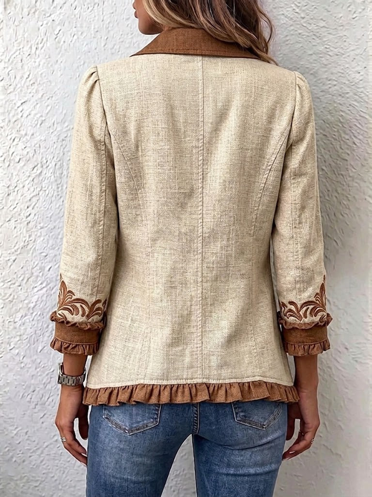 Ottavia | Chaqueta Bohemia Floral Vintage Camel y Marrón con Volantes | Blanca Vela