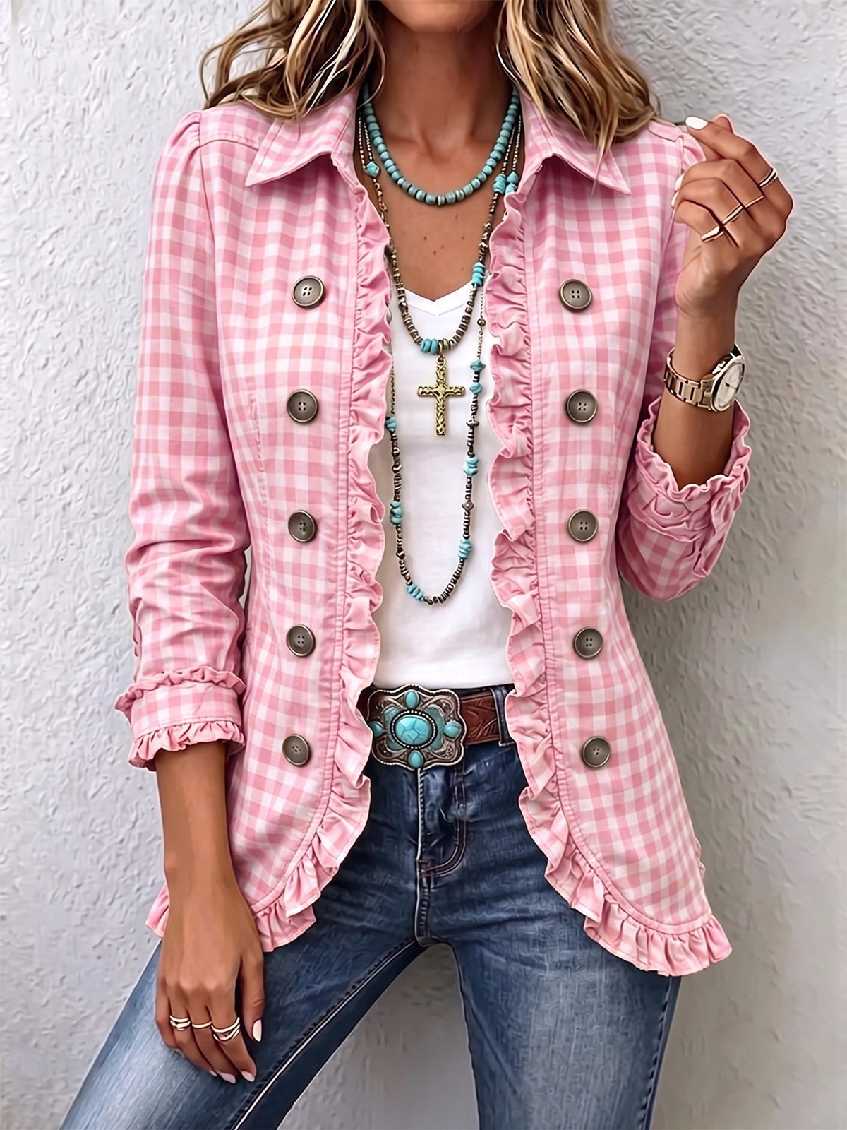 Giulia | Chaqueta de Cuadros Vichy con Volantes y Botones | Blanca Vela