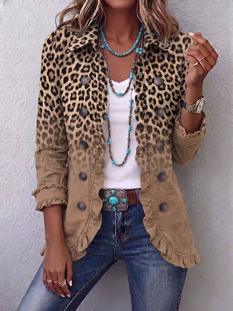 Corinna | Chaqueta de Leopardo Vintage Degradada Camel con Volantes | Blanca Vela
