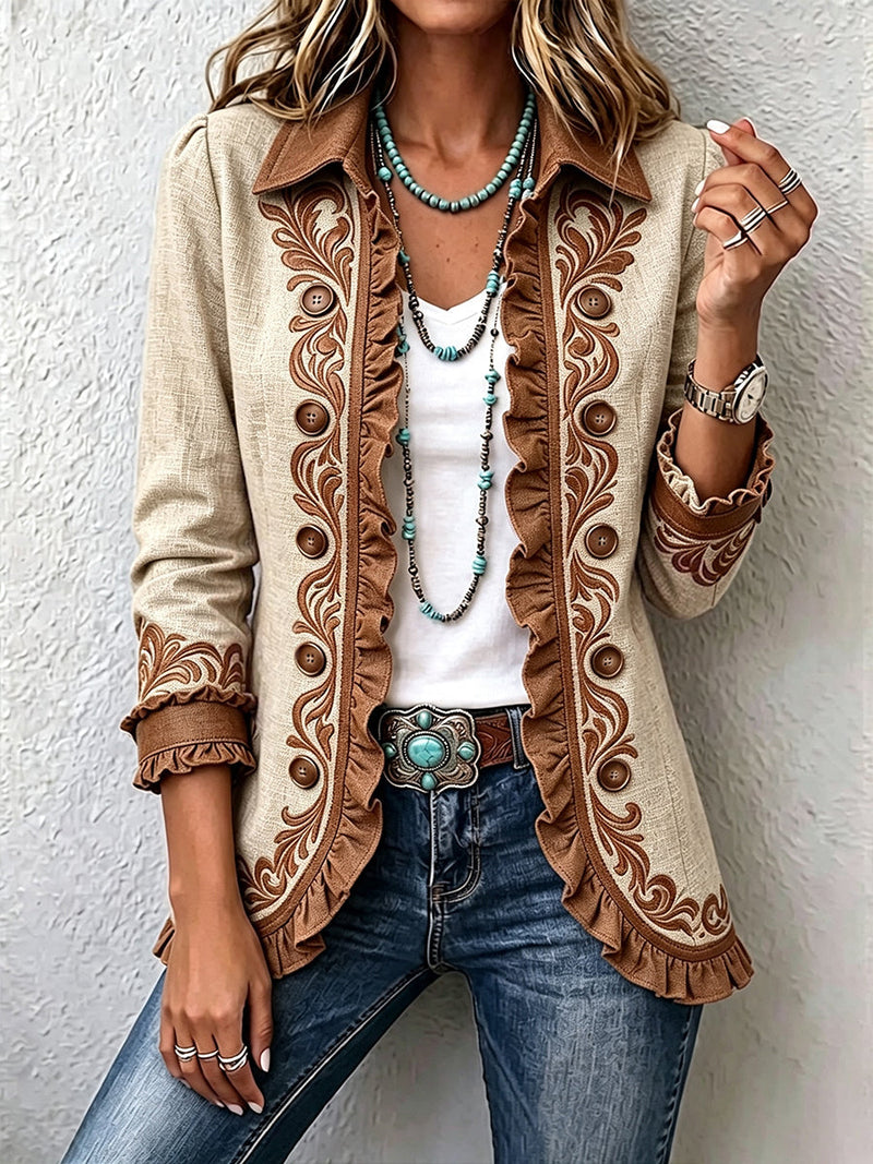 Ottavia | Chaqueta Bohemia Floral Vintage Camel y Marrón con Volantes | Blanca Vela
