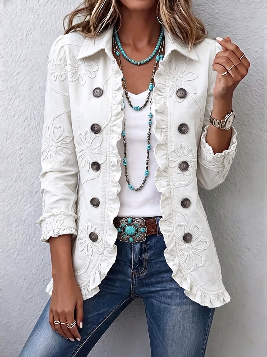 Camelia | Chaqueta Bohemia Bordada con Flores Marfil | Blanca Vela