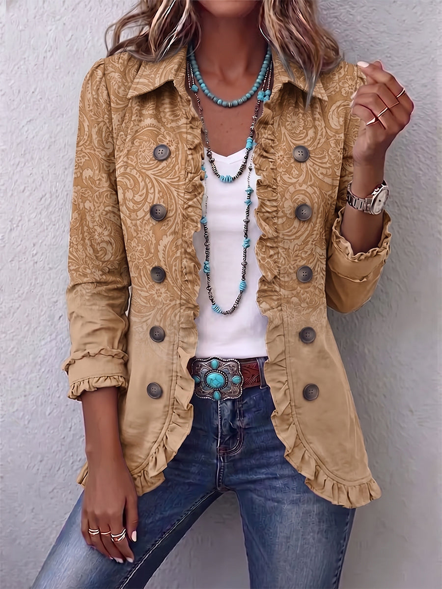 Chiara | Chaqueta Western Estampada Caqui con Volantes | Blanca Vela