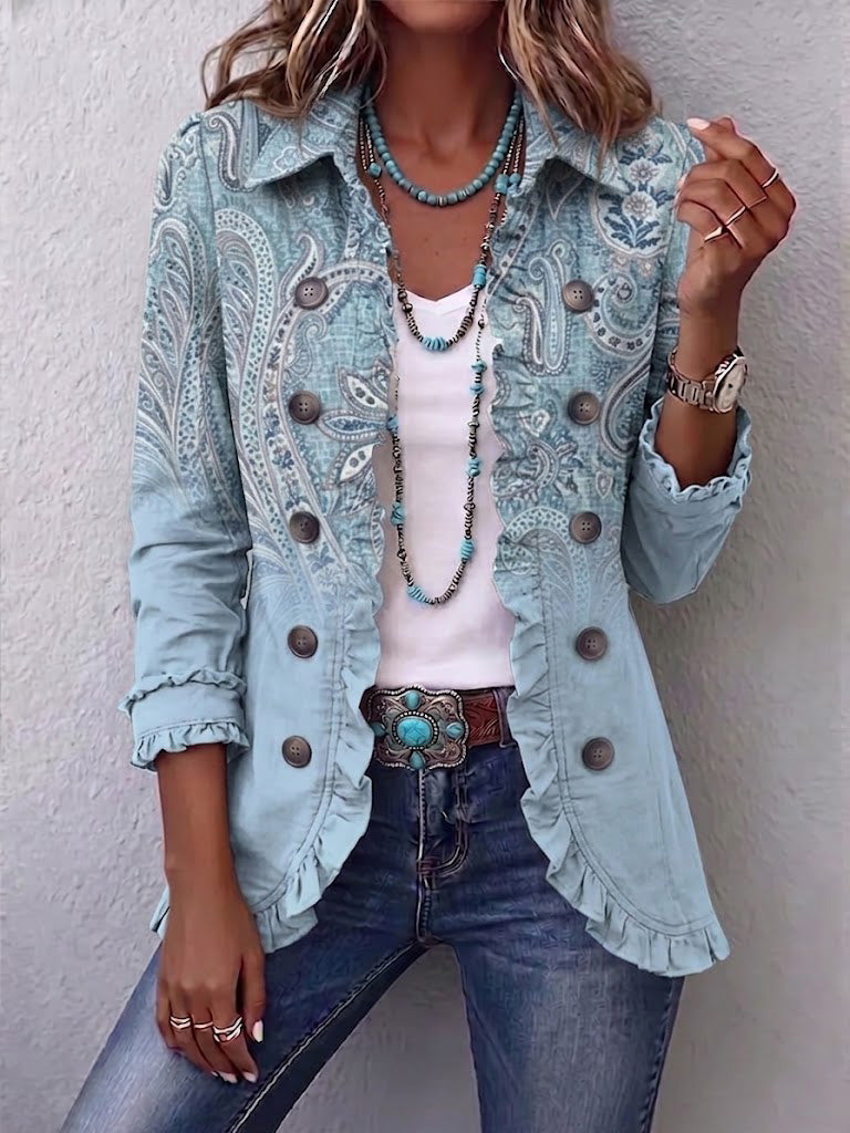 Emilia | Chaqueta Paisley Vintage Azul Cielo con Volantes | Blanca Vela