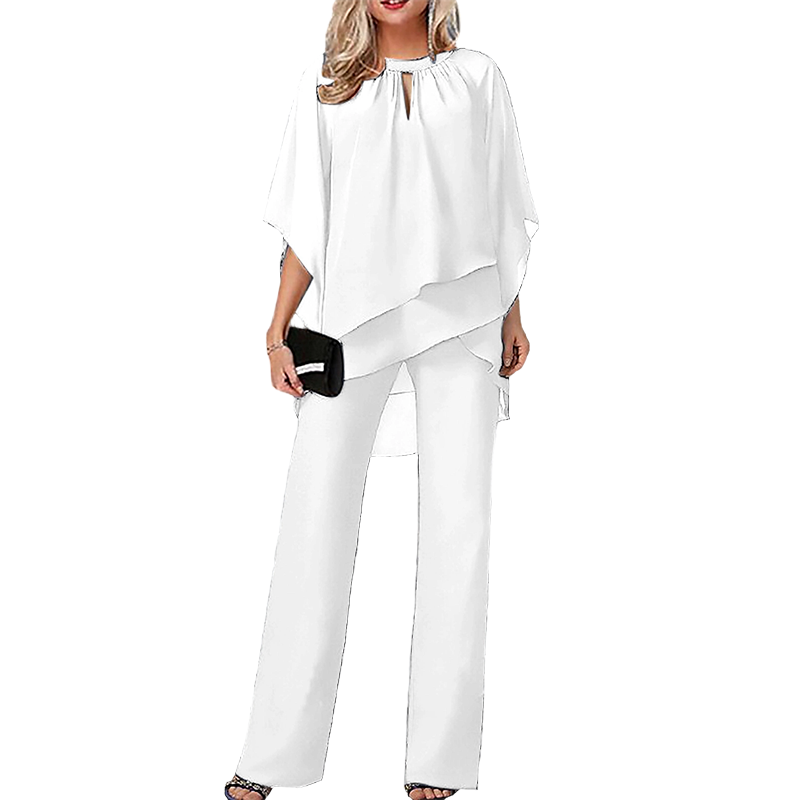 Jeannine | Conjunto Chemisier Asimétrico Superpuesto y Pantalón Ancho | Blanca Vela
