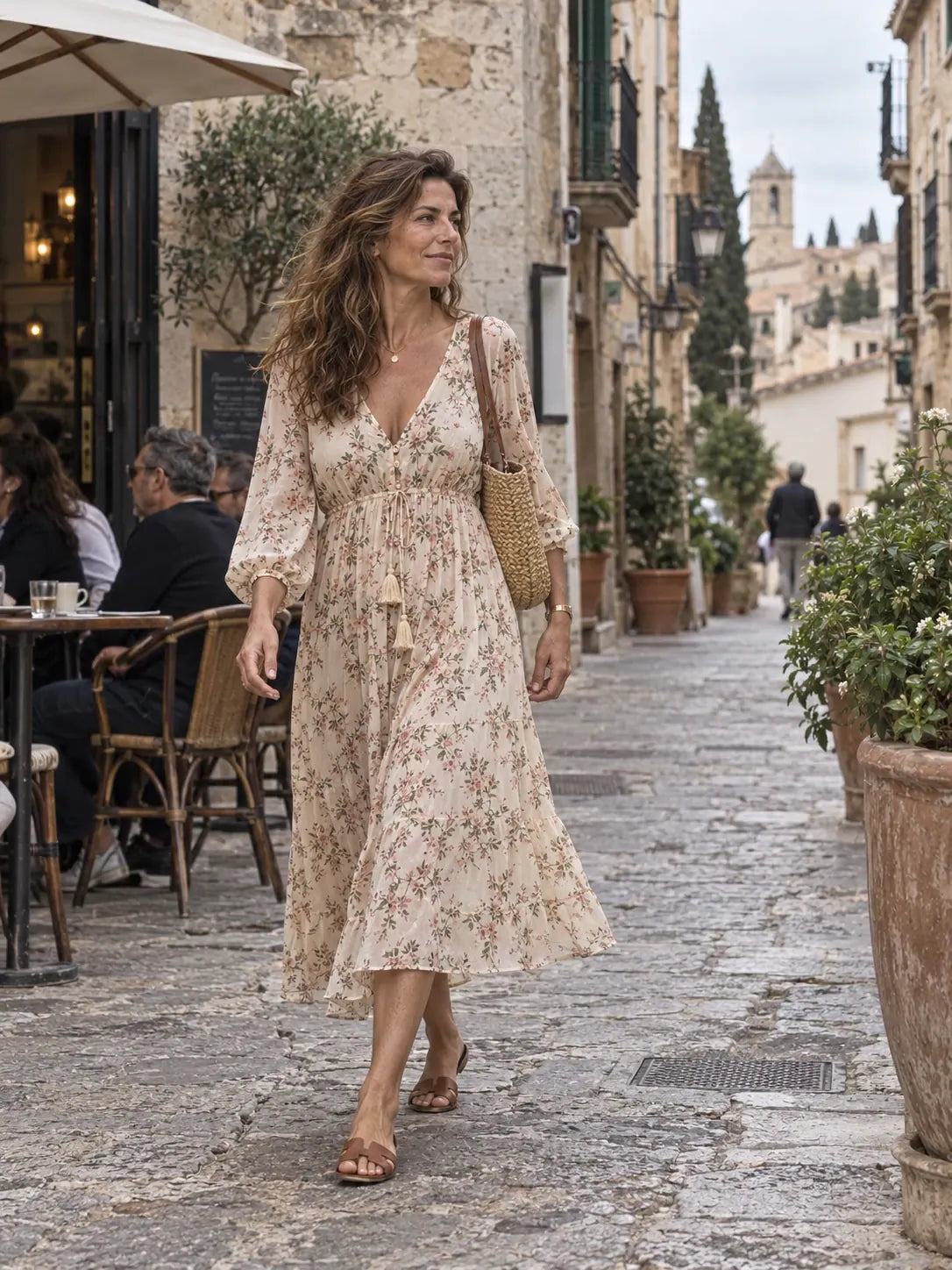 Mujer con vestido floral paseando por una calle mediterránea